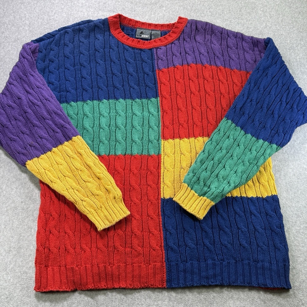 Vintage Lizwear USA Made Color Block Cable Knit Sweater M 90s Coogi Style
